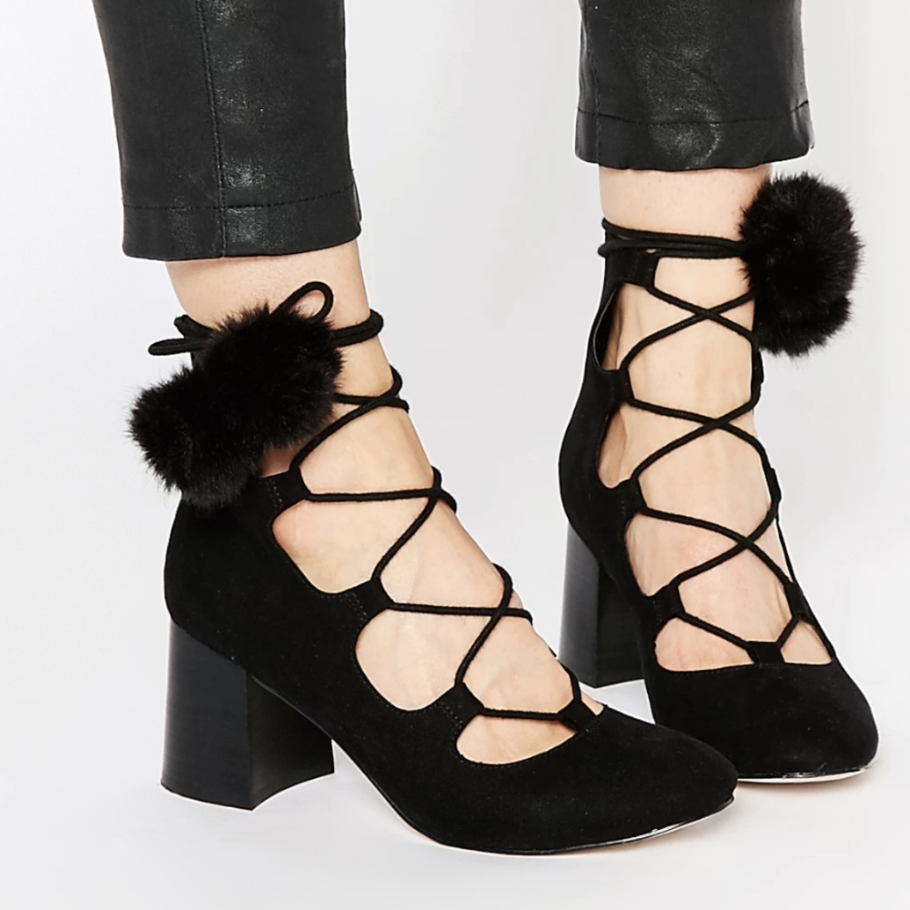 Asos 7 Black Lace Up Chunky Heel Closed Toe Pom Pom Shoes